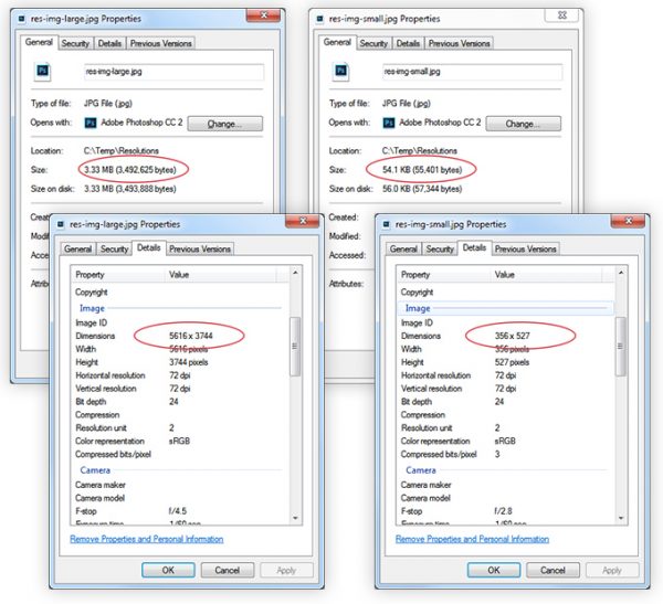 windows file size and resolution